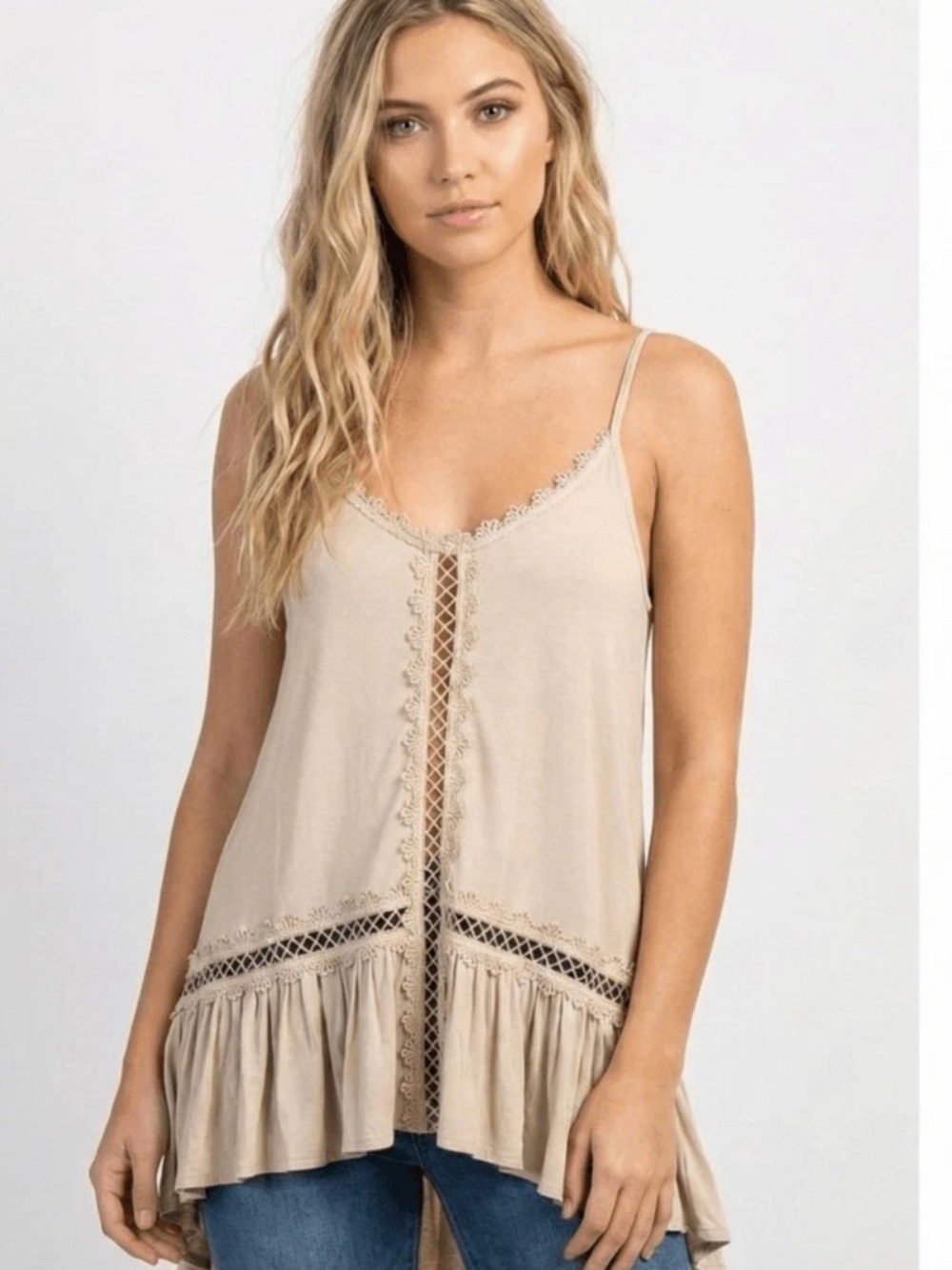 NWT POL Cream Boho Ruffle High Low Tunic Tank Top Small New Oversized Sleeveless